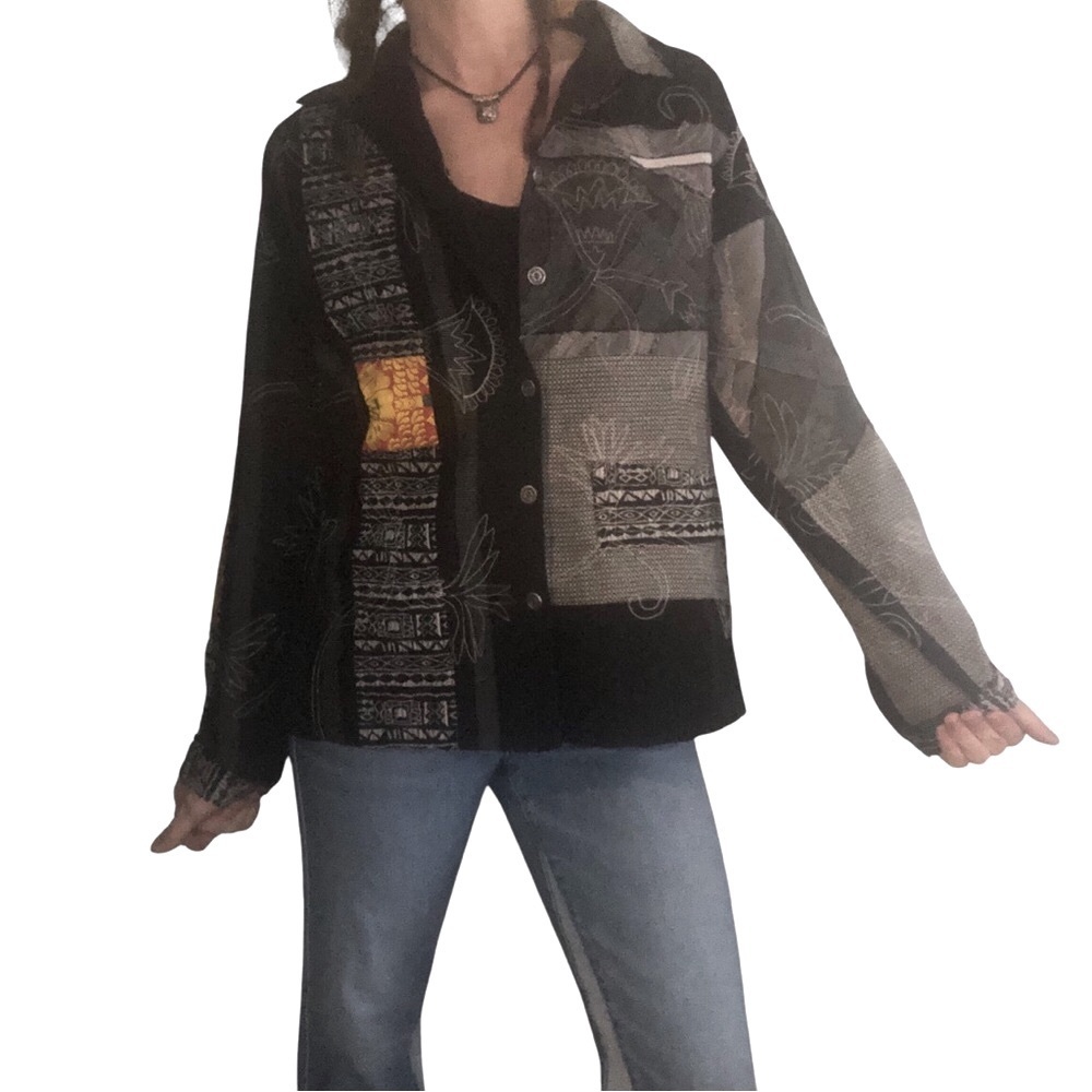 Vtg 90's Chico's Patchwork Jacket Sz M 6-8 Basic Boxy Unique Gray Yellow Phoebe